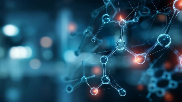 Advanced molecular network with luminous nodes represents progress in scientific research and digital transformation. Cutting edge visualization emphasizes connections in chemistry and biotechnology