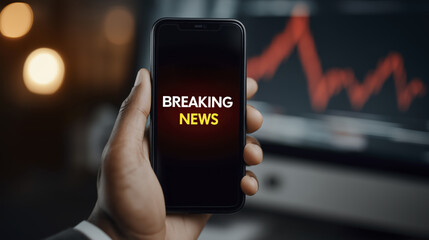 A hand holds a smartphone displaying breaking news on a backdrop of fluctuating market graphs showing volatility, perfect for dynamic content
