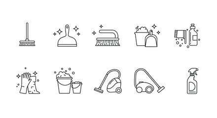 Collection of cleaning tools and supplies in simple line art style