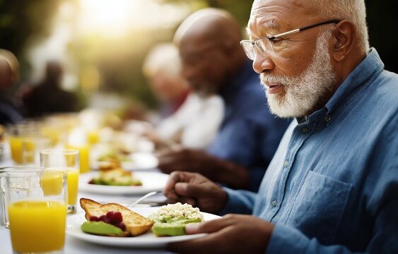 A group of friends enjoys a delightful brunch outdoors, surrounded by nature, sharing good food and laughter on a sunny weekend