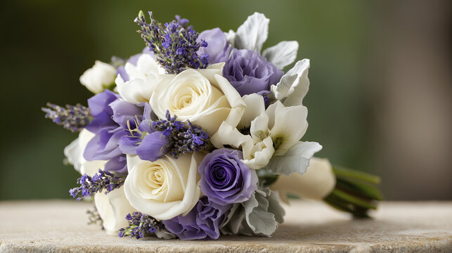Close up view of a stunning bouquet featuring white and purple flowers uniquely arranged, ideal for weddings or celebrations