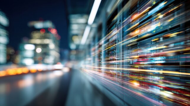Futuristic Data Center with Blurry Lights and Fast-Paced Connectivity in a Modern Urban Environment at Night