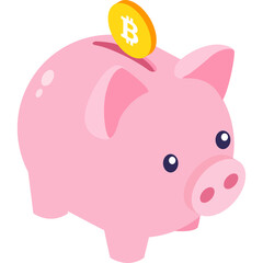 Pink Piggy Bank With Bitcoin Coin On Top In Isometric View With Transparent Background