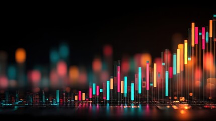 Vibrant Data Visualization with Colorful Bar Graphs and Abstract Light Effects on a Dark Background Representing Financial Growth Trends