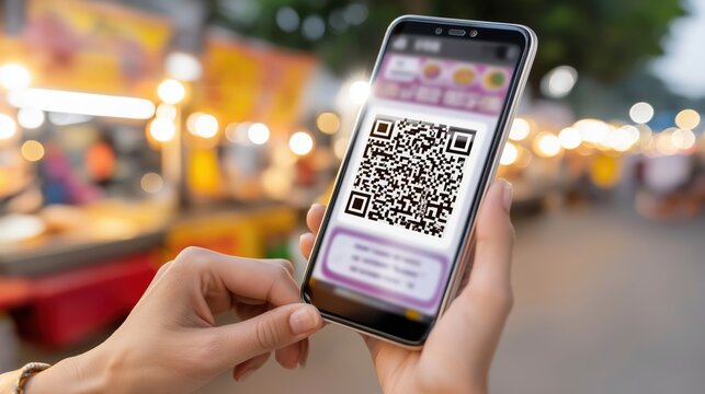 A person holds a smartphone displaying a QR code in a bustling market, showcasing the ease of digital payments during lively shopping