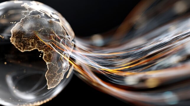 Abstract representation of global connectivity, with illuminated lines intertwining around a glass globe illustrating Africa and digital technology influences.