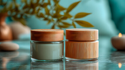 Natural skincare cream jars with wooden lids for spa day promotion or wellness blog