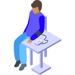 Person Sitting With Blood Pressure Monitor Device On Table In Isometric Style With Transparent Background