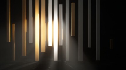 Fototapeta premium Abstract Composition of Hanging Vertical Lines with Soft Light in a Dark Environment Creating a Mysterious and Artistic Atmosphere