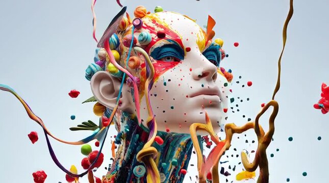 un maniqui de una persona maquillado con tiras y articulos coloridos saliendo de su cabeza dise&ntilde;o abstracto surrealista de fantasia en movimiento magia e inteligencia mental