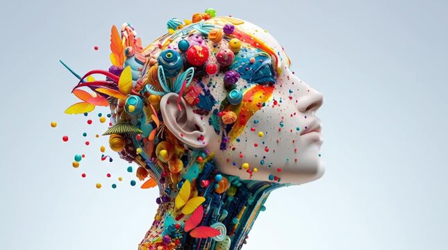 colores y particulas llamativas saliendo del cerebro o cabello de un hombre o de un maniqui dise&ntilde;o de estilo surrealista y de fantasia conceptode tecnologia y magia creativa arte e inteligencia 