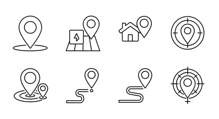 Collection of various location pinpoint and map related line art icons