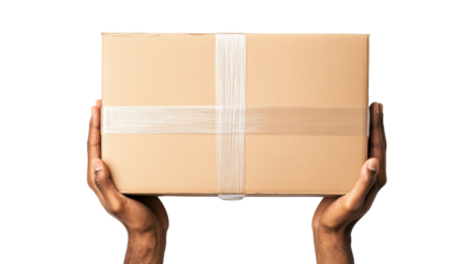Hands Holding a Cardboard Box on Clear Background
