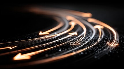 Dynamic Flow of Light Arrows Illustrating Movement and Direction in a Dark Background for Abstract and Modern Design Concepts