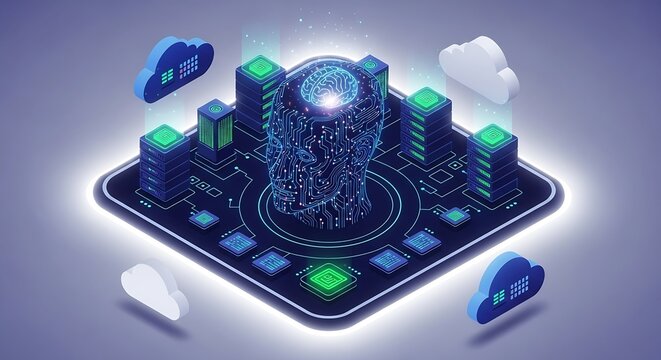 Modern AI processing data on a cloud network with intelligent servers and futuristic technology, perfect for innovative solutions and dynamic systems