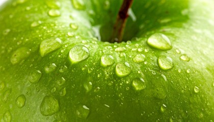 Macro photo of green apple, stem, fruit, close up, zoom