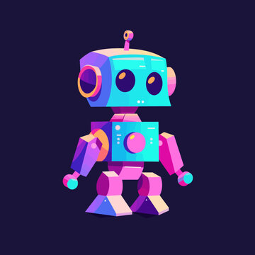 Cartoon-style geometric robot character with blocky shapes and pastel neon hues