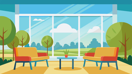 Fototapeta premium A bright and sunny seating area by a large window overlooking the hospital grounds