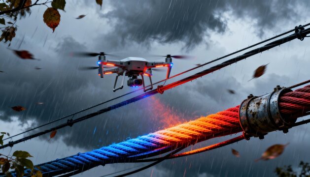 Footage of a drone equipped with thermal sensors scanning electrical cables during early storm conditions highlighting temperature changes as weather intensifies