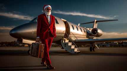 A man in a red suit and santa hat walking towards a private jet