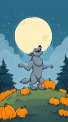 Cheerful werewolf howling at full moon on grassy hill with Halloween pumpkins and trees cartoon style Generative AI