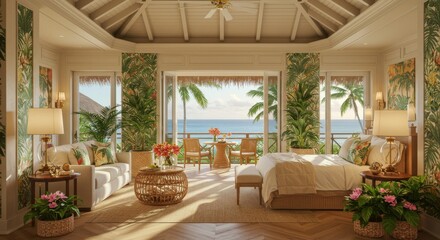 Naklejka premium Luxurious Tropical Beachfront Bedroom Suite