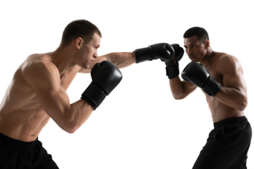 Two boxers wearing black gloves are in a fierce boxing match, showing intense combat and physical effort.