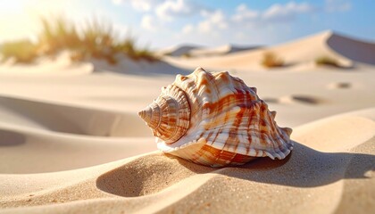 Macro photo of seashell on beach, sand, close up, zoom