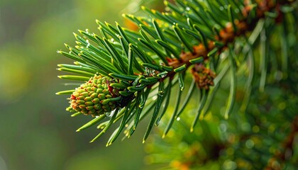Macro photo of pine needles, pinecone, zoom, close up