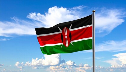 Kenyan flag flying on a flagpole against a partly cloudy sky