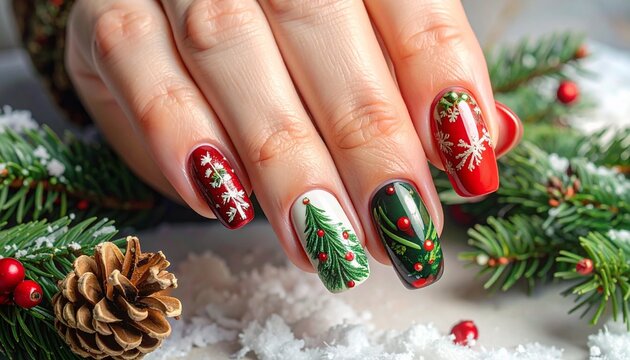 Macro photo of holiday manicured nails, close up, zoom