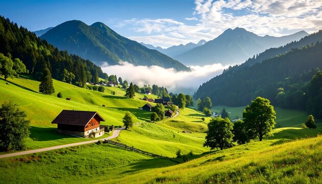 Mountain valley with farmhouses - Powered by Adobe