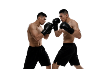 Two shirtless boxers in black shorts and gloves are actively engaged in a boxing match, showcasing physical strength and agility.