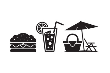 Picnic icons burger drink umbrella chair and table