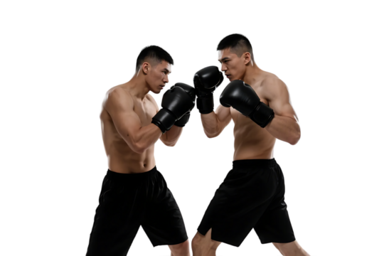 Two shirtless boxers in black shorts and gloves are actively engaged in a boxing match, showcasing physical strength and agility. - Powered by Adobe
