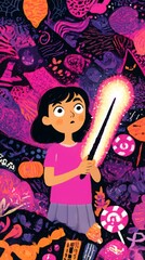 Curious girl finding glowing magic wand hidden among Halloween decorations and candy cartoon style Generative AI