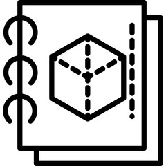3D Cube Blueprint on Open Notebook Page with Spiral Binding Showing Technical Drawing and Grid Lines in Black and White Line Art Style