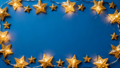 Bright golden star decorations illuminate a blue background for festive celebrations at home or events