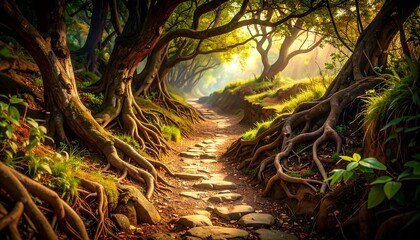 Sunlit path through a lush forest (1)