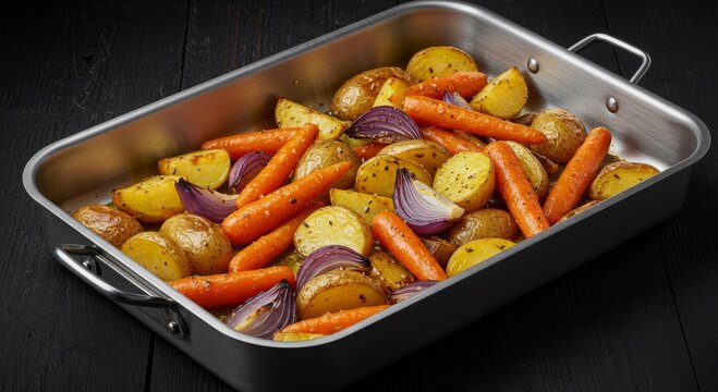 Roasted Carrots Potatoes and Red Onion in a Baking Dish