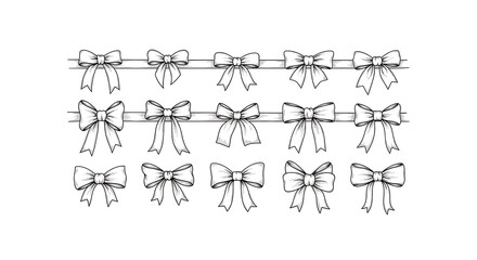 Hand drawn white ribbons and bows isolated on black background