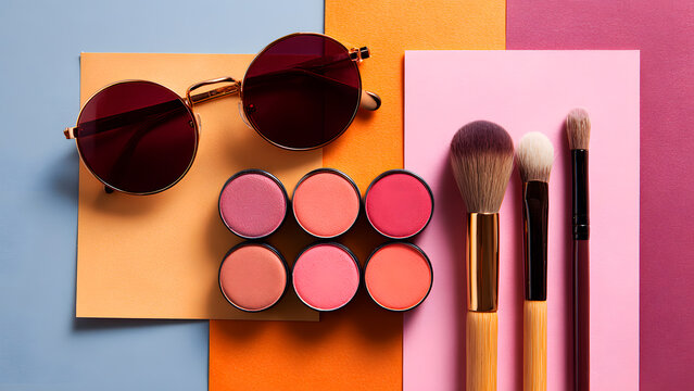 Stylish makeup flatlay with vibrant blush palette and brushes ready for beauty routine