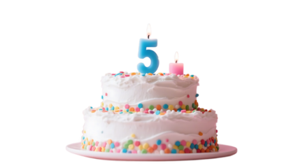 A two - tier birthday cake with white frosting, colorful sprinkles and a number 5 candle on top.