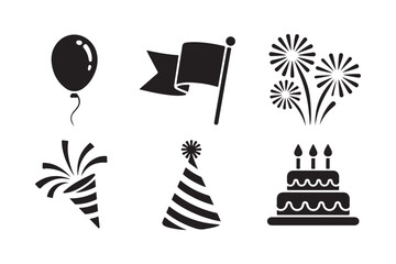 Collection of black and white celebration icons for parties and events