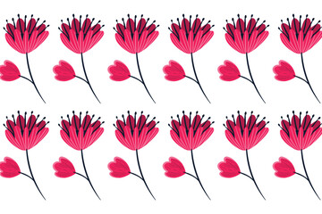 Seamless pattern of decorative pink flowers on a white background