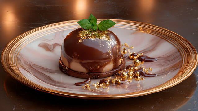 Indulge in this rich chocolate dessert with gold leaf for a delicious experience