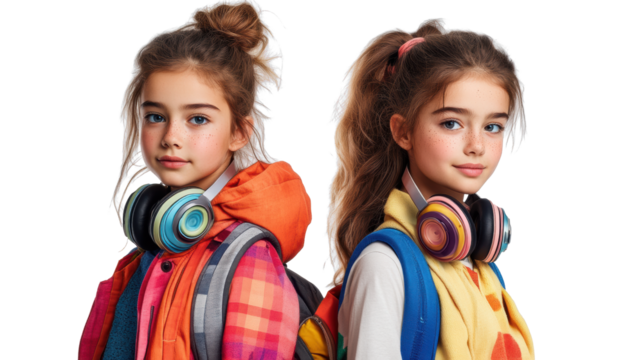 Teenage Girls with Headphones on Transparent Background