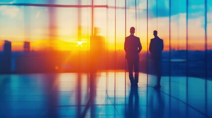 Two businessmen observing sunset through skyscraper windows