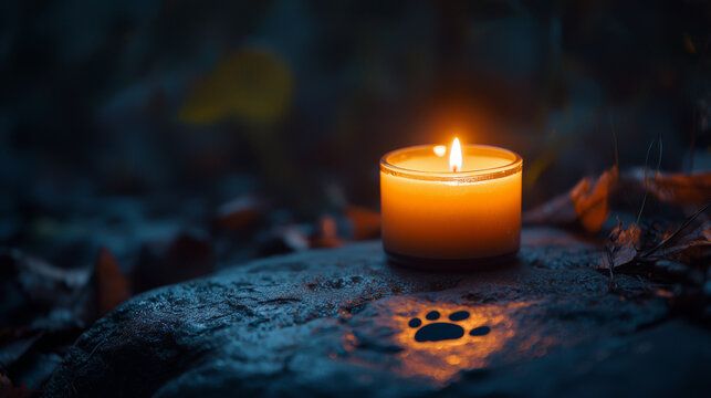 Glowing Candle And Paw Print On Dark Stone Cold Atmosphere With Sparkles And Fallen Leaves