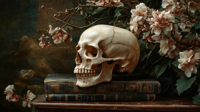 Human Skull Beside White Flowers and Antique Books Chiaroscuro Lighting on Dark Background